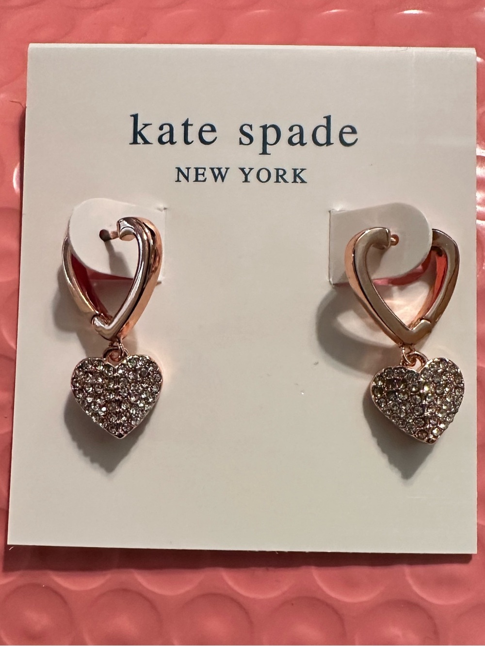 NWOT kate spade Women’s Rose Gold Crystal Heart Drop Earrings - Picture 2 of 4